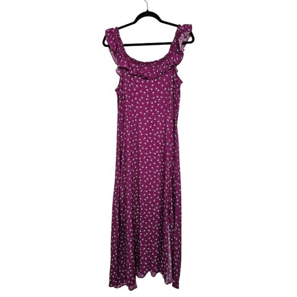 Loft Ruffle Neck Midi Dress 12 Magenta Floral Ruffle Scoop Neck Cottage Boho ~